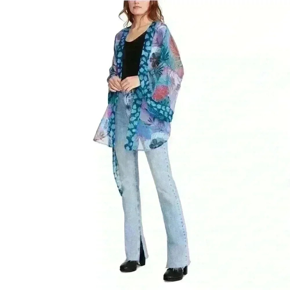 NWT Steve Madden Womens Tropical Jungle Tie Front Kimono Grap Blue Tropical OS - Picture 2 of 9